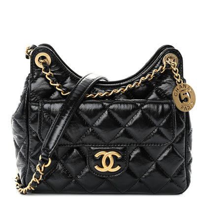 Chanel Shiny Crumpled Calfskin Quilted Small Wavy CC Hobo Black 1 of 10