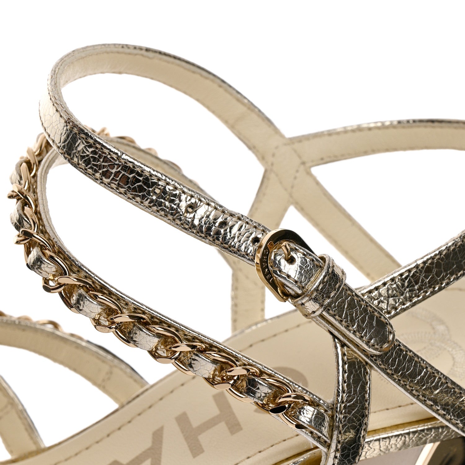 Chanel Lame Goatskin Chain Sandals 37 Gold 9 of 9