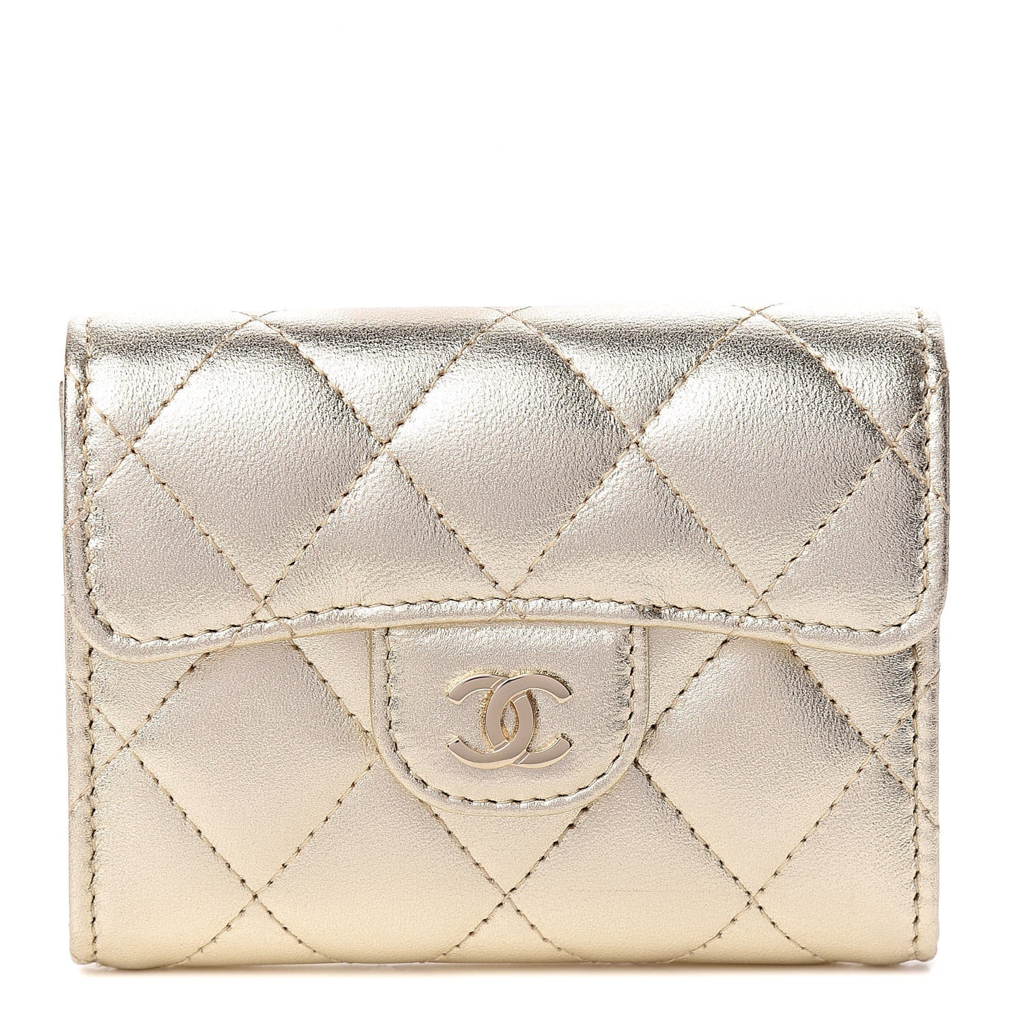 Metallic Lambskin Quilted Flap Card Holder Wallet Light Gold
