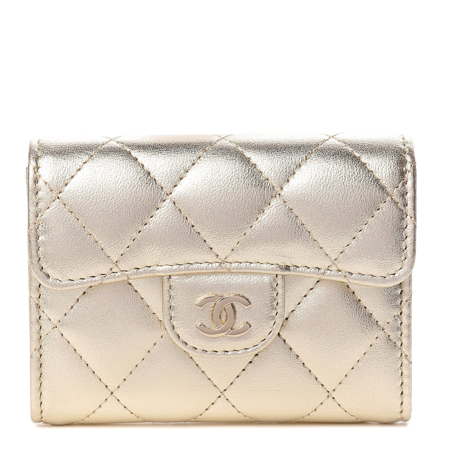 Chanel Metallic Lambskin Quilted Flap Card Holder Wallet Light Gold 1 of 9