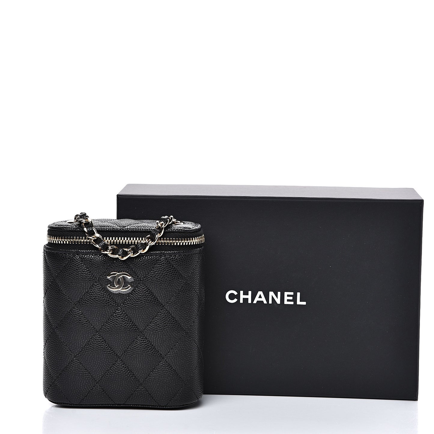 Caviar Quilted Small Vertical Coco Beauty Vanity Case With Chain Black