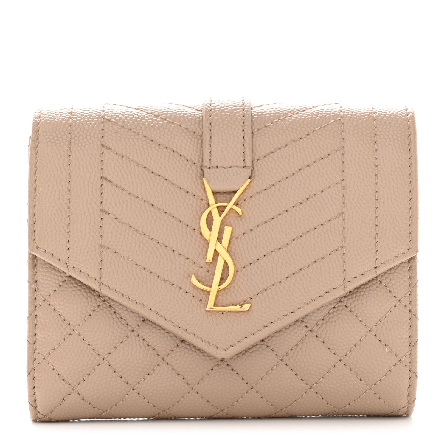 Saint Laurent Grain De Poudre Mixed Matelasse Triquilt Monogram Compact Tri Fold Wallet Dark Beige 1 of 11