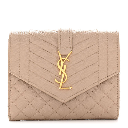 Saint Laurent Grain De Poudre Mixed Matelasse Triquilt Monogram Compact Tri Fold Wallet Dark Beige 1 of 11