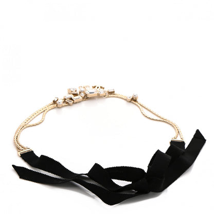 Chanel Metal Crystal Pearl Grosgrain CC Chain Tie Headband Gold Black 3 of 4