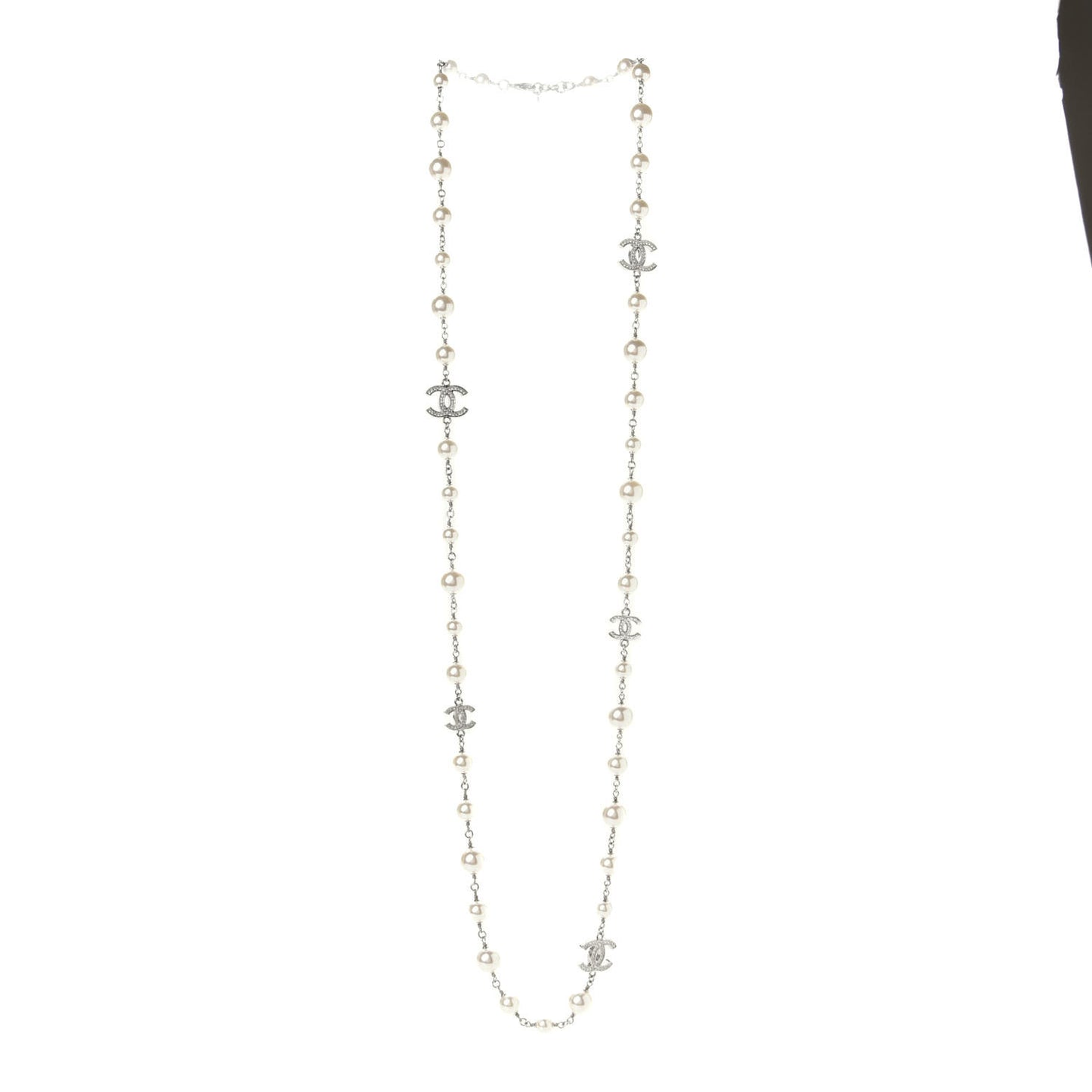 Crystal Pearl CC Long Necklace Silver