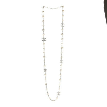 Chanel Crystal Pearl CC Long Necklace Silver 1 of 5