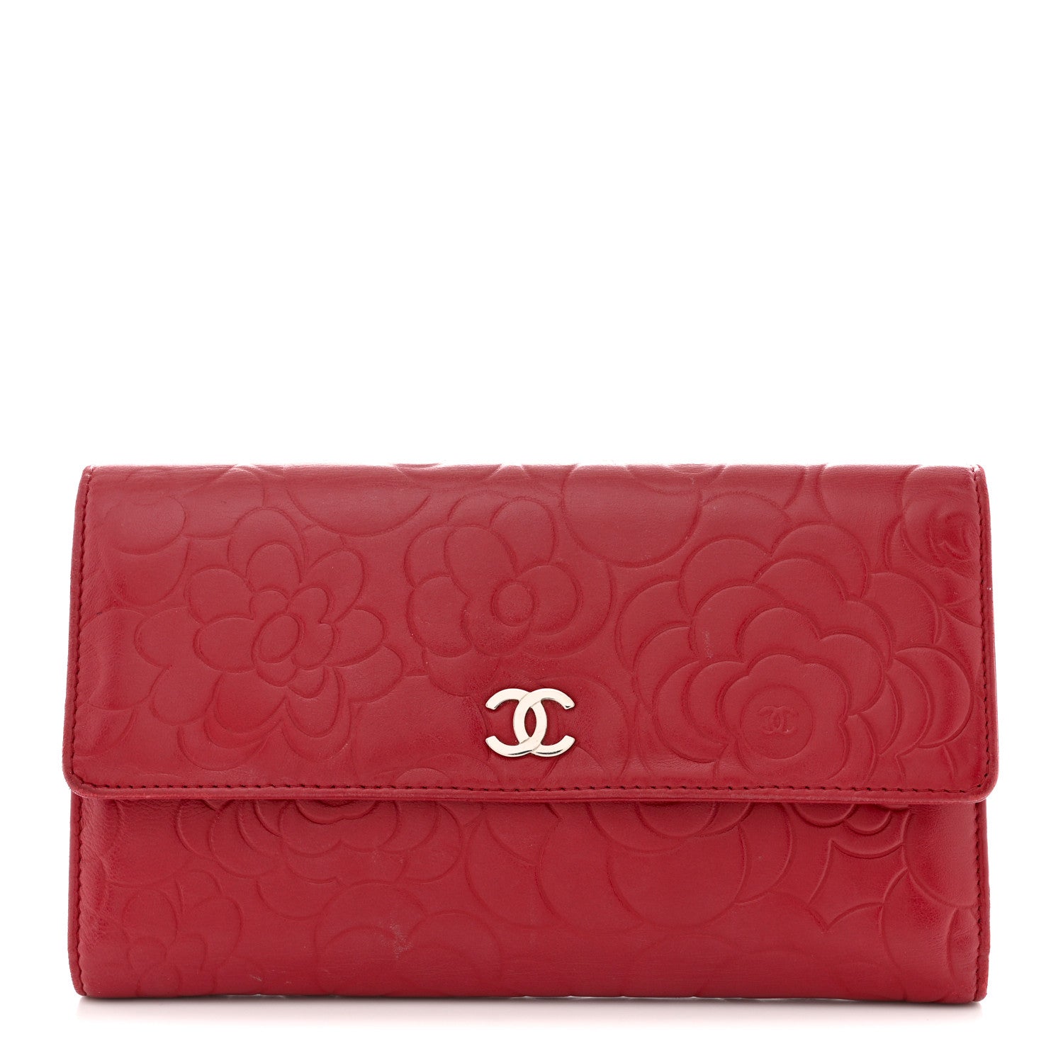 Chanel Lambskin Camellia Embossed Flap Wallet Red 1 of 11