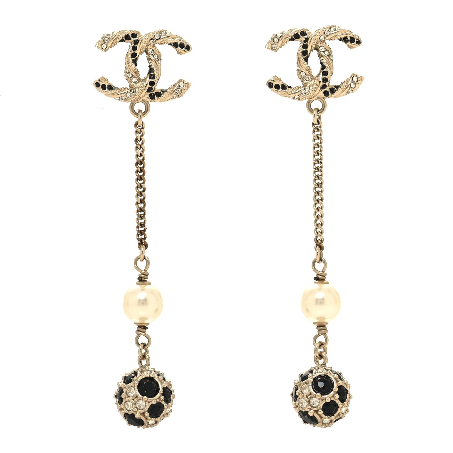 Crystal Pearl CC Ball Chain Drop Earrings Gold Black