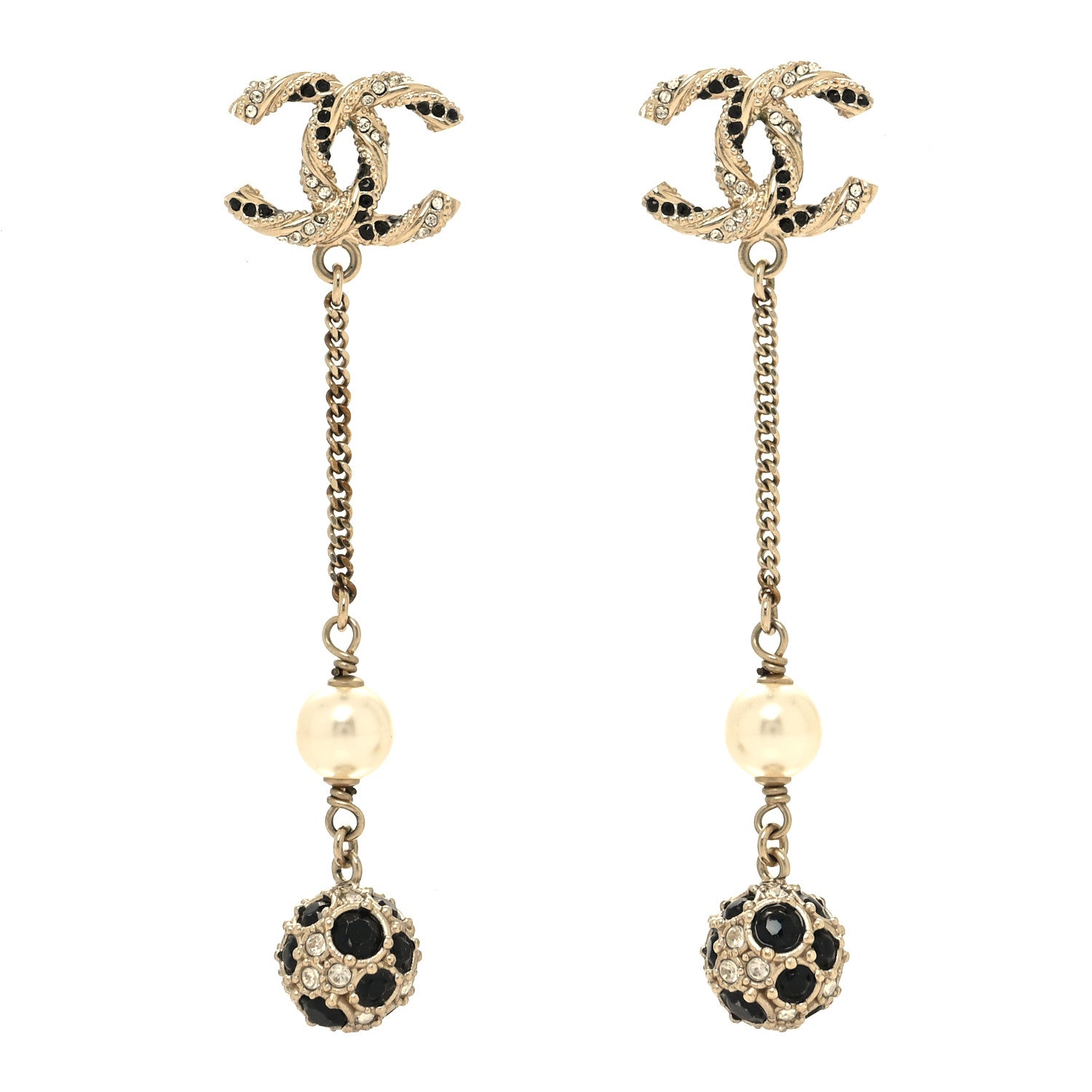 Chanel Crystal Pearl CC Ball Chain Drop Earrings Gold Black 1 of 4