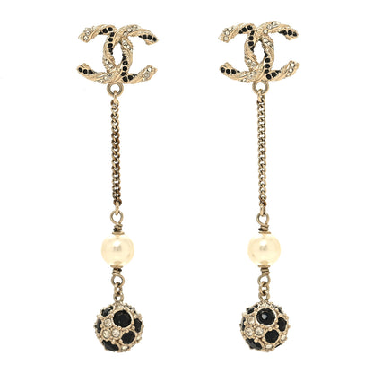 Chanel Crystal Pearl CC Ball Chain Drop Earrings Gold Black 1 of 4
