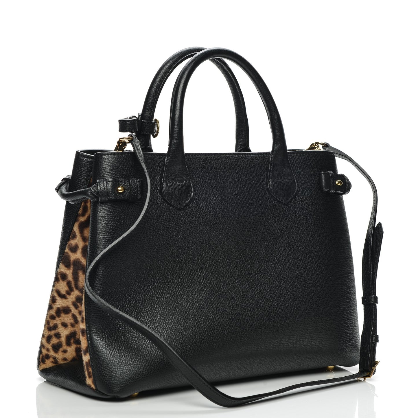 Grainy Calfskin Leopard Print Medium Banner Tote Black