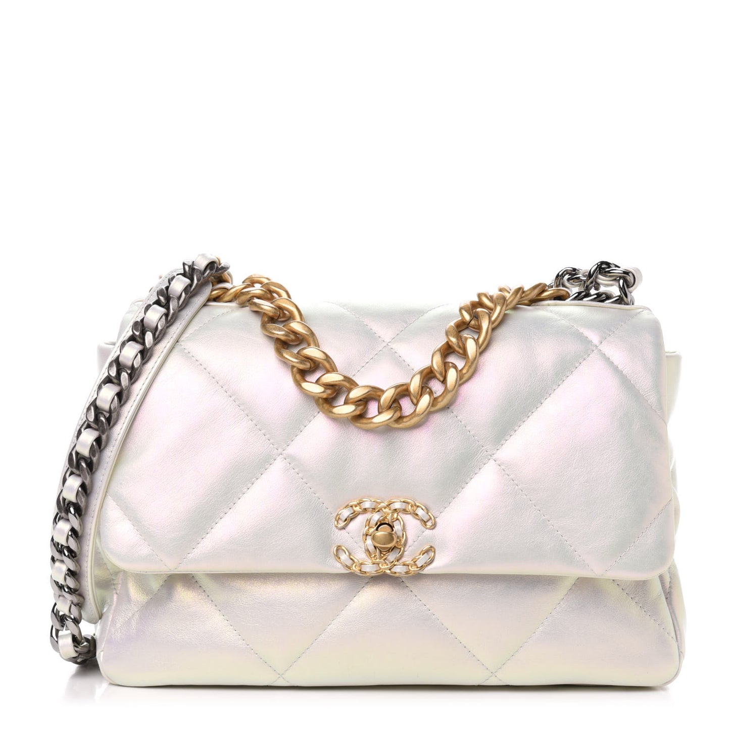 Iridescent Calfskin Quilted Large 19 Flap White