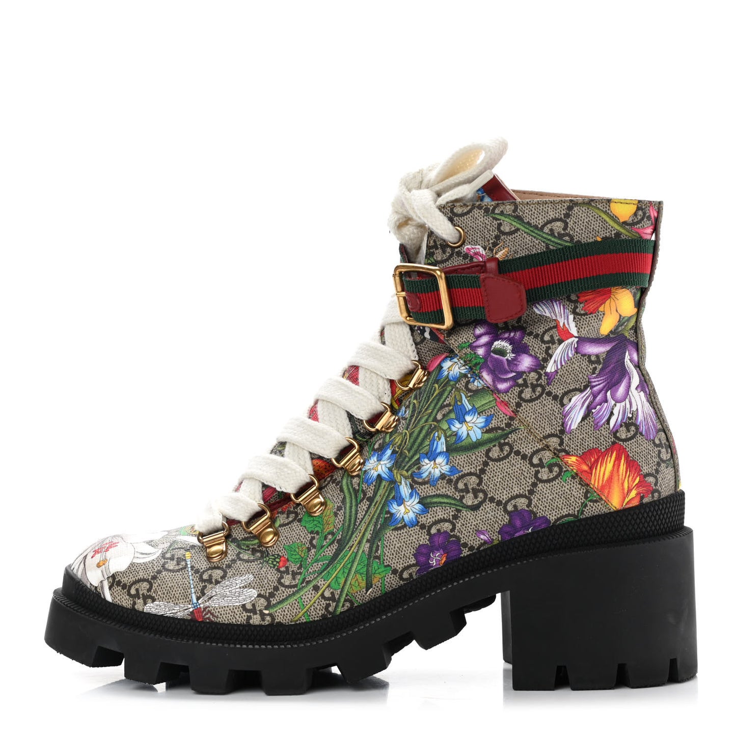 GG Supreme Monogram Flora Lace Up Combat Ankle Boots 39.5 Beige Multicolor Red