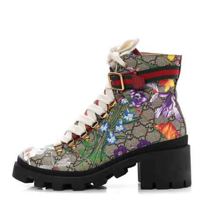 Gucci GG Supreme Monogram Flora Lace Up Combat Ankle Boots 39.5 Beige Multicolor Red 1 of 11