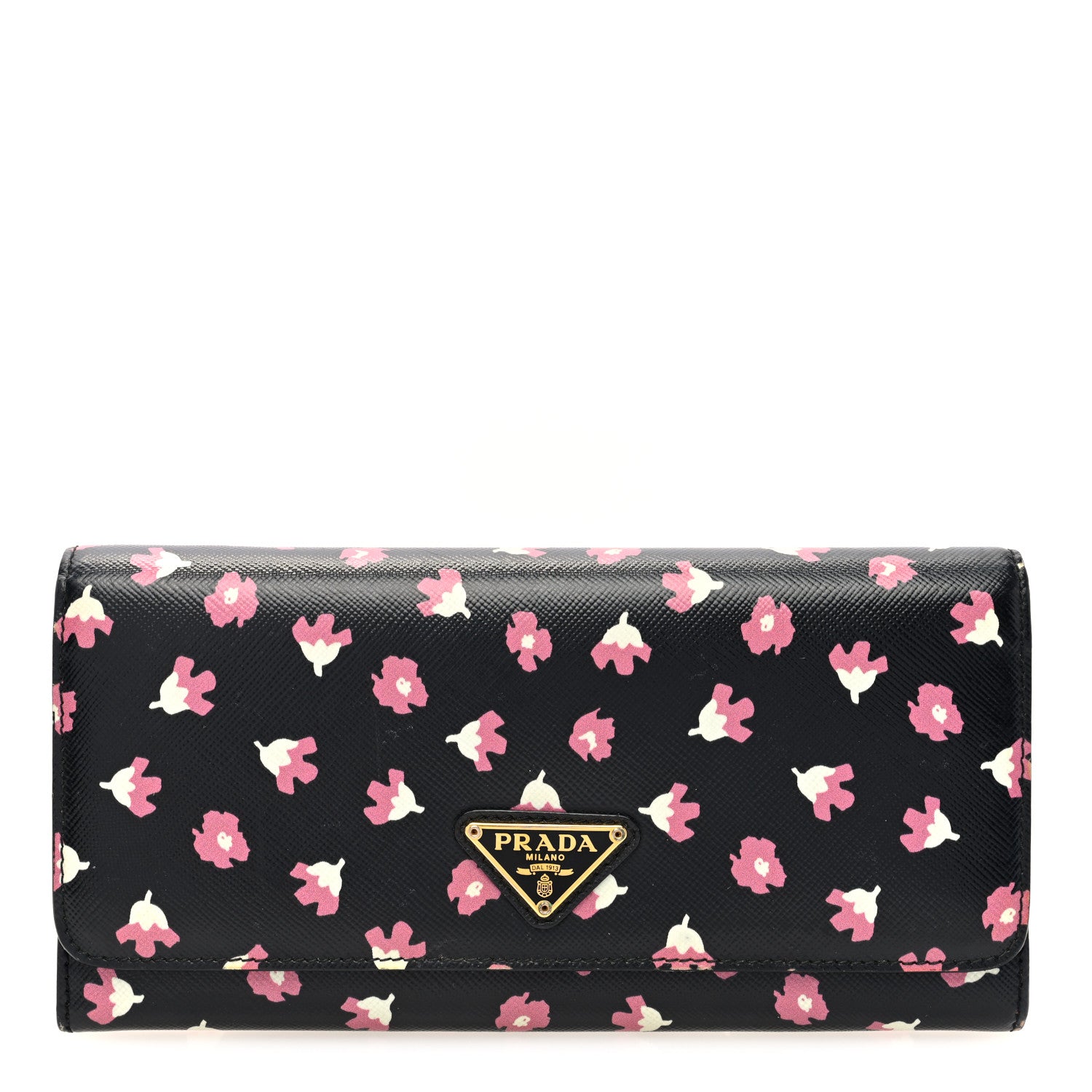 Prada Saffiano Floral Print Continental Flap Travel Wallet Black 1 of 8