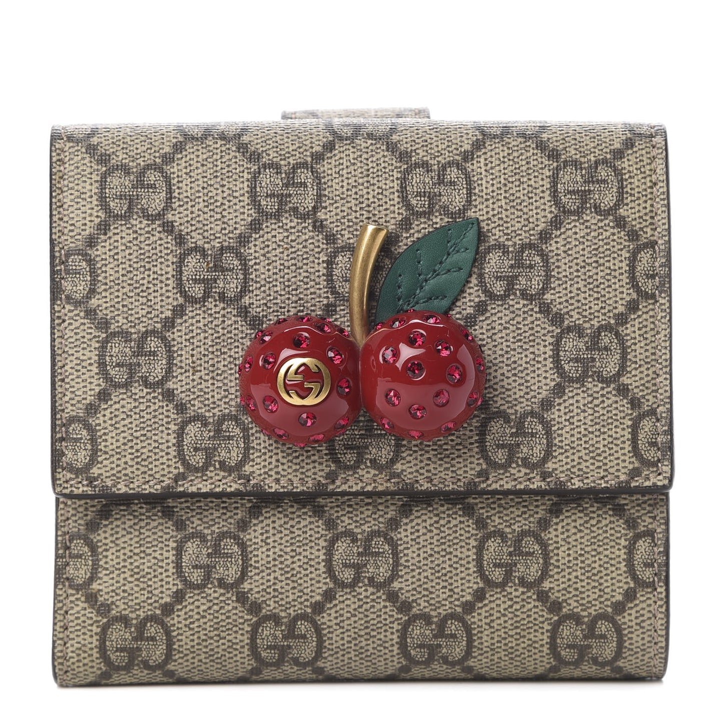 GG Supreme Monogram Cherry Embellished Card Case Wallet Hibiscus Red
