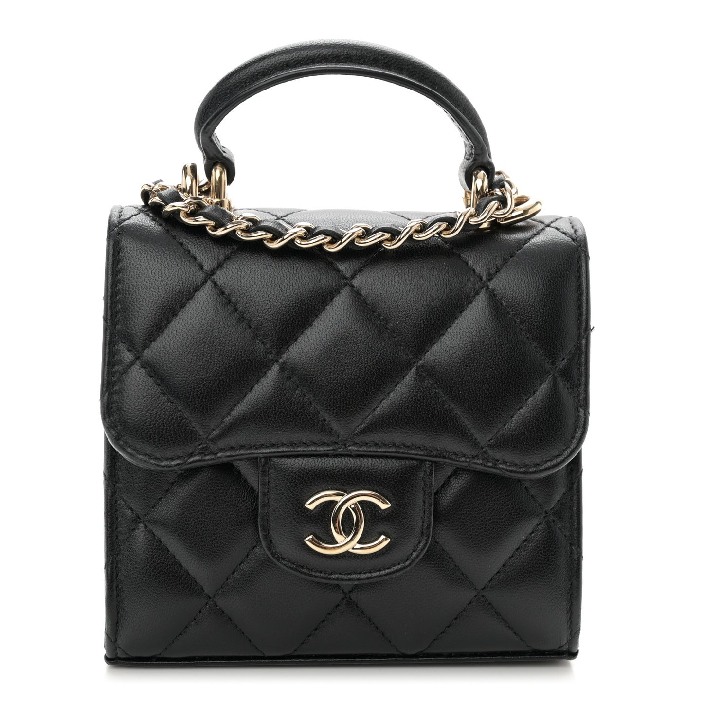 Lambskin Quilted Top Handle Flap Clutch With Chain Black