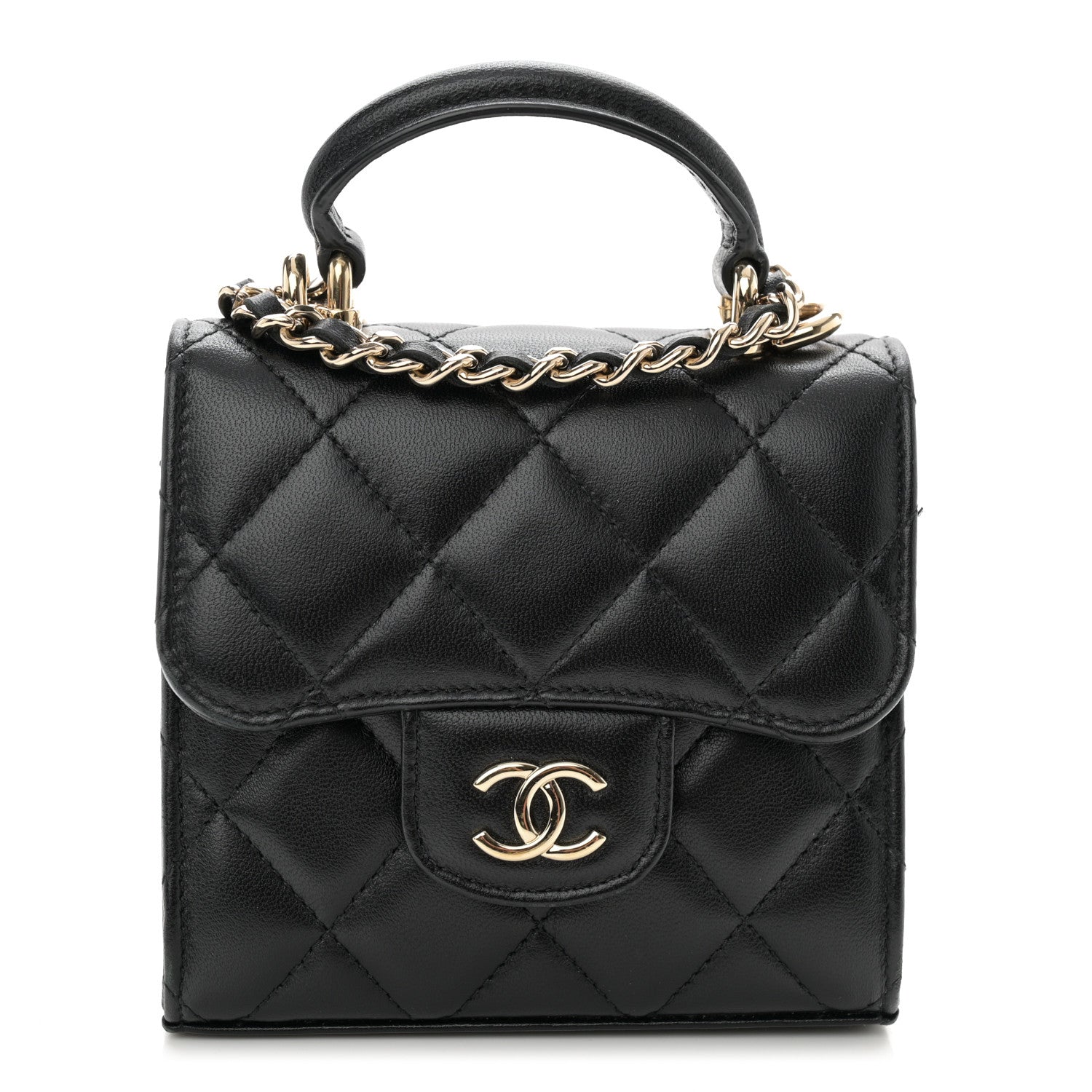 Chanel Lambskin Quilted Top Handle Flap Clutch With Chain Black 1 of 12