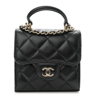 Chanel Lambskin Quilted Top Handle Flap Clutch With Chain Black 1 of 12