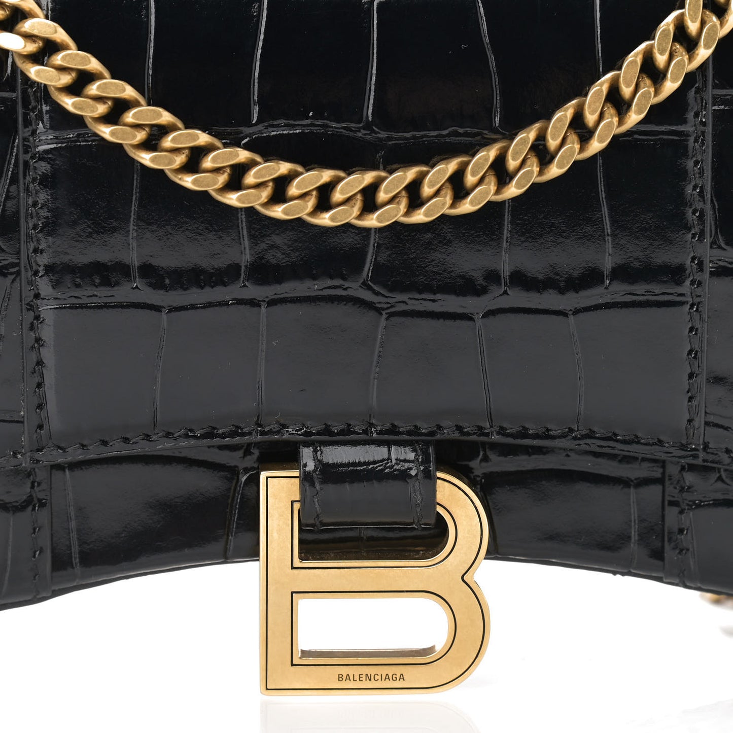 Shiny Calfskin Crocodile Embossed Hourglass Chain Bag Black