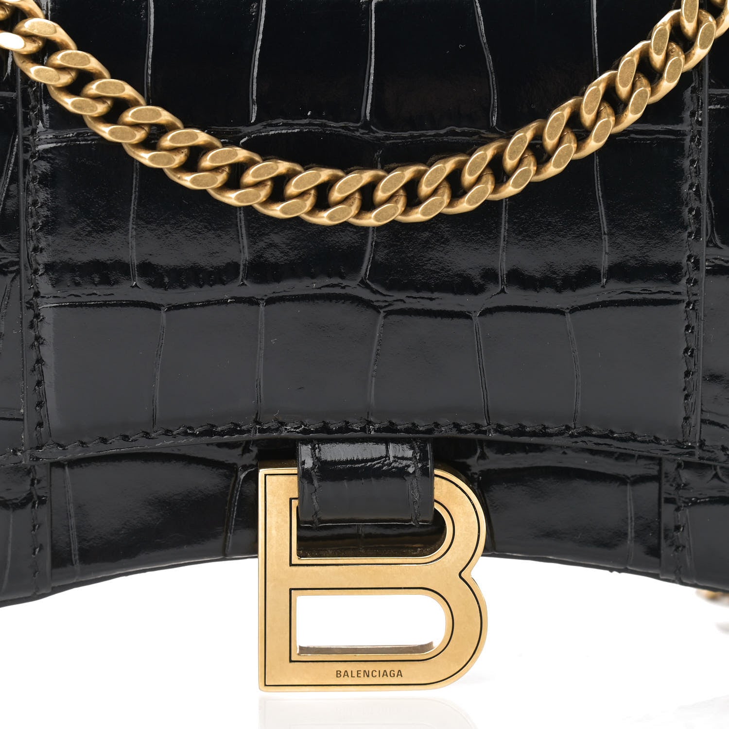 Balenciaga Shiny Calfskin Crocodile Embossed Hourglass Chain Bag Black 7 of 11