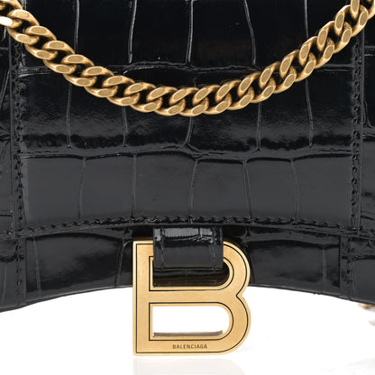 Balenciaga Shiny Calfskin Crocodile Embossed Hourglass Chain Bag Black 7 of 11