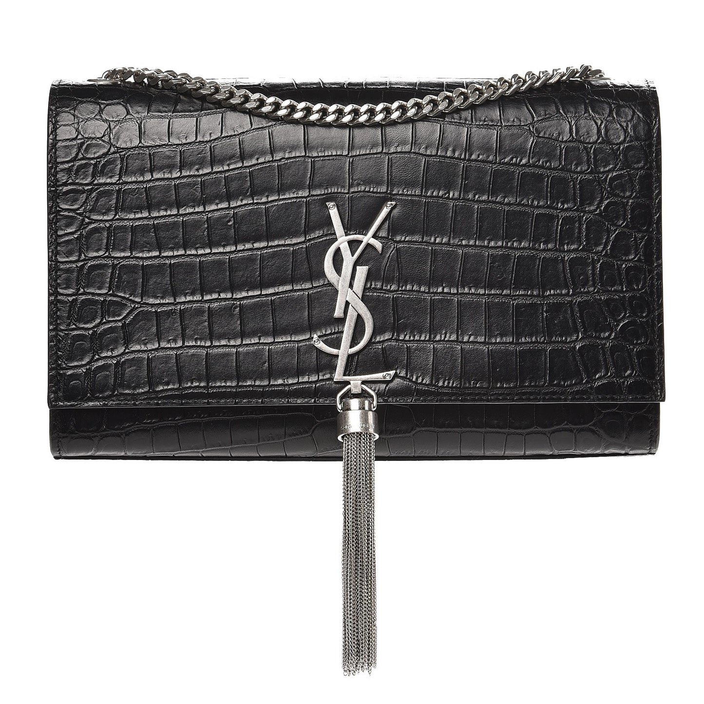 Calfskin Crocodile Embossed Medium Classic Monogram Kate Tassel Satchel Black