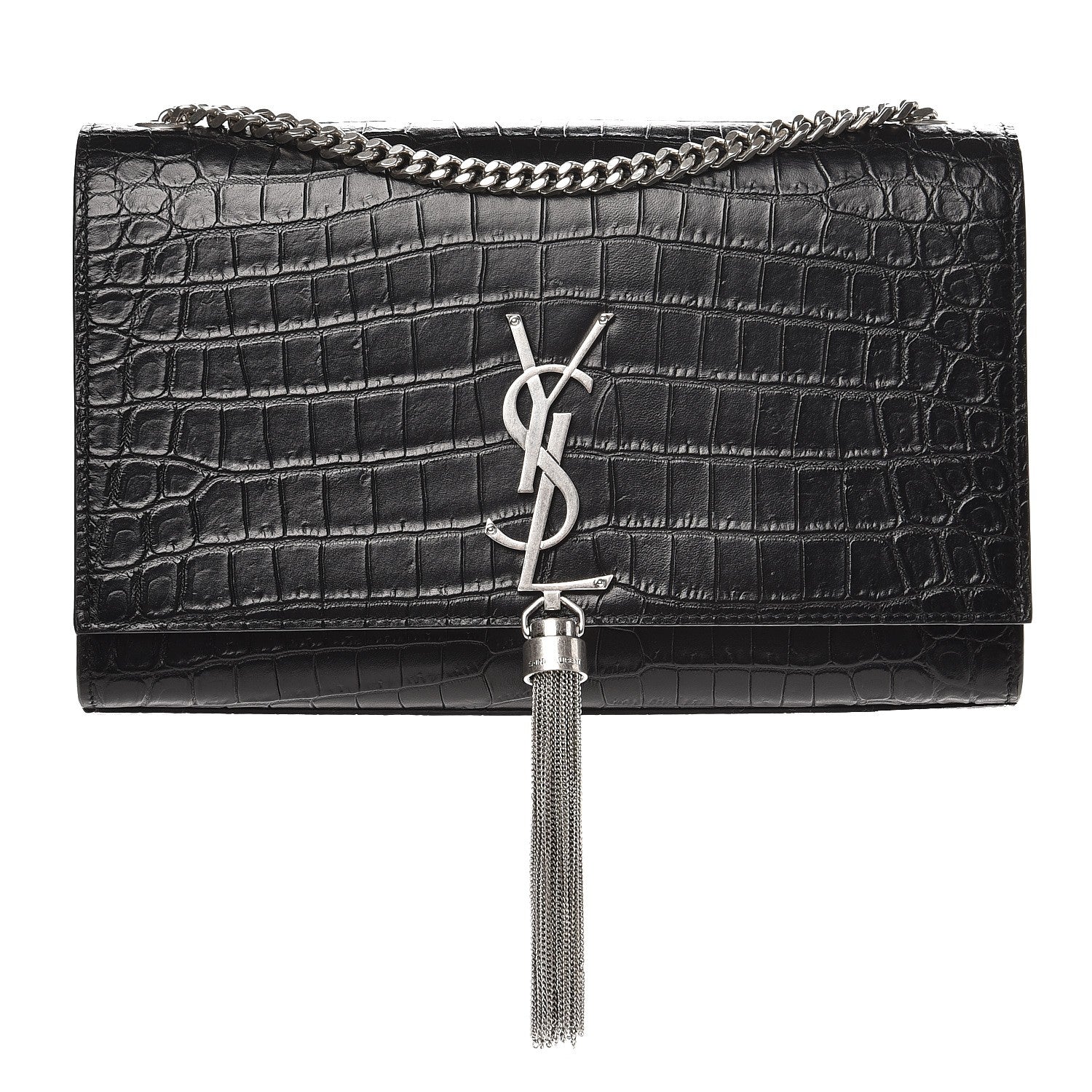 Saint Laurent Calfskin Crocodile Embossed Medium Classic Monogram Kate Tassel Satchel Black 1 of 7