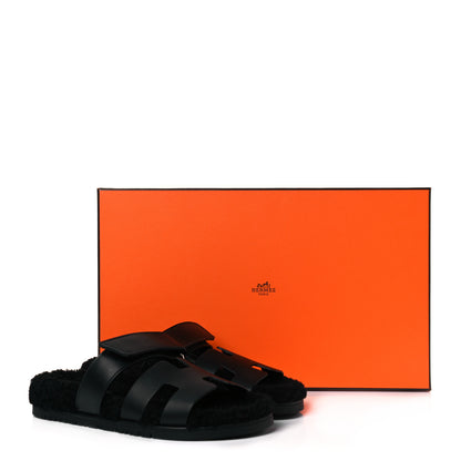 Hermes Calfskin Woolskin Womens Chypre Sandals 37.5 Black 8 of 8