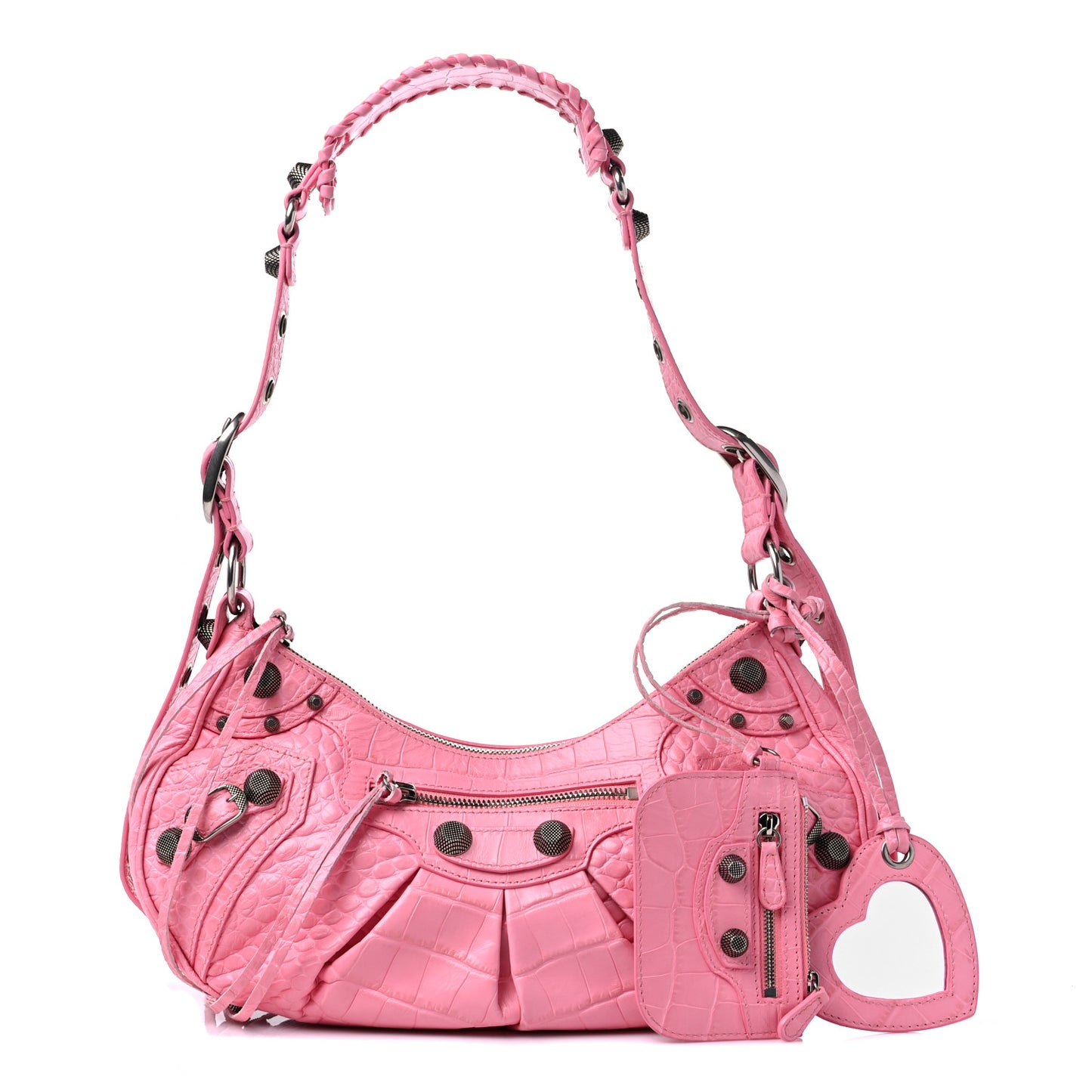 Extra Supple Calfskin Crocodile Embossed Small Le Cagole Shoulder Bag Sweet Pink