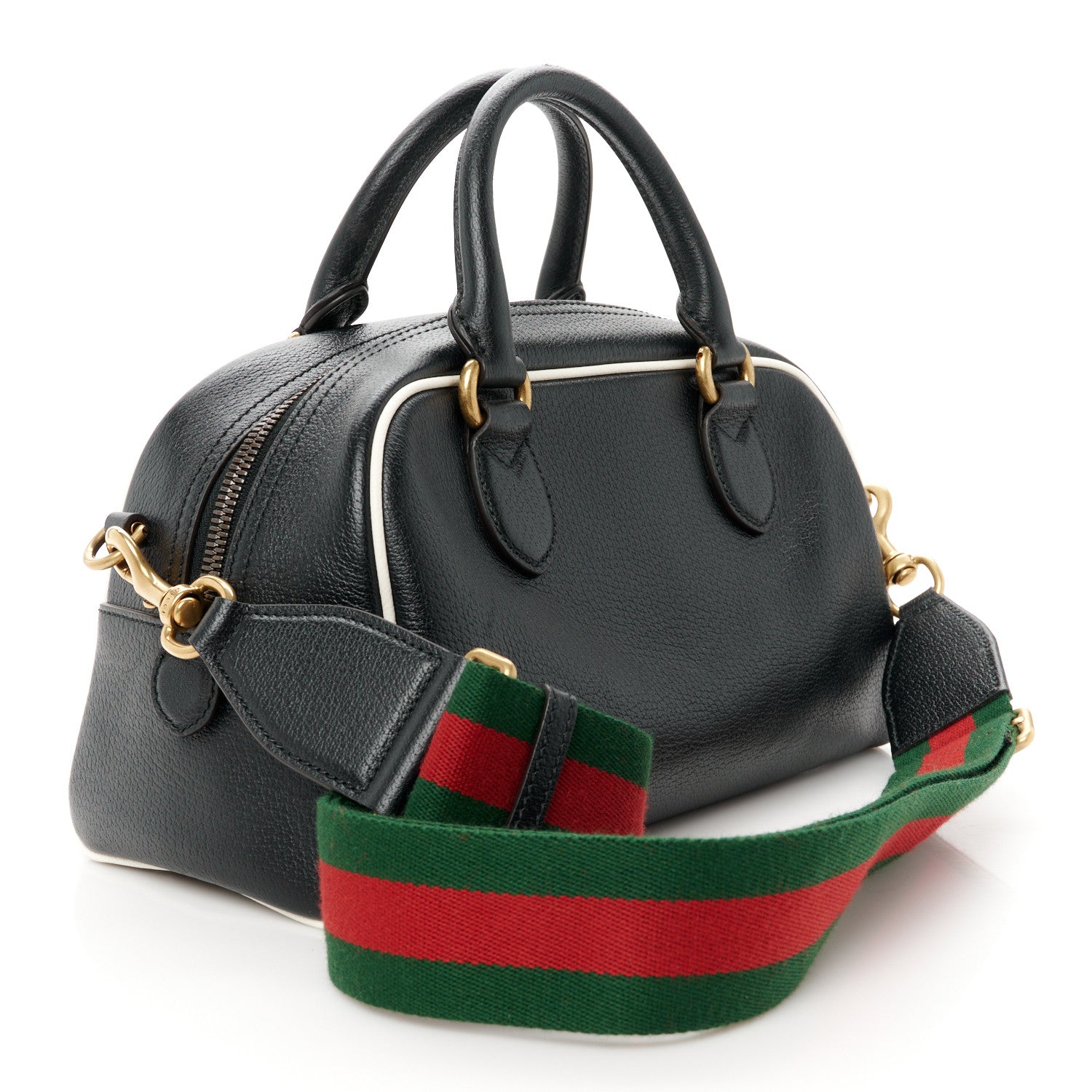 Gucci X ADIDAS Textured Dollar Calfskin Web Trefoil Logo Embossed Mini Bowling Bag Black Off White 3 of 10