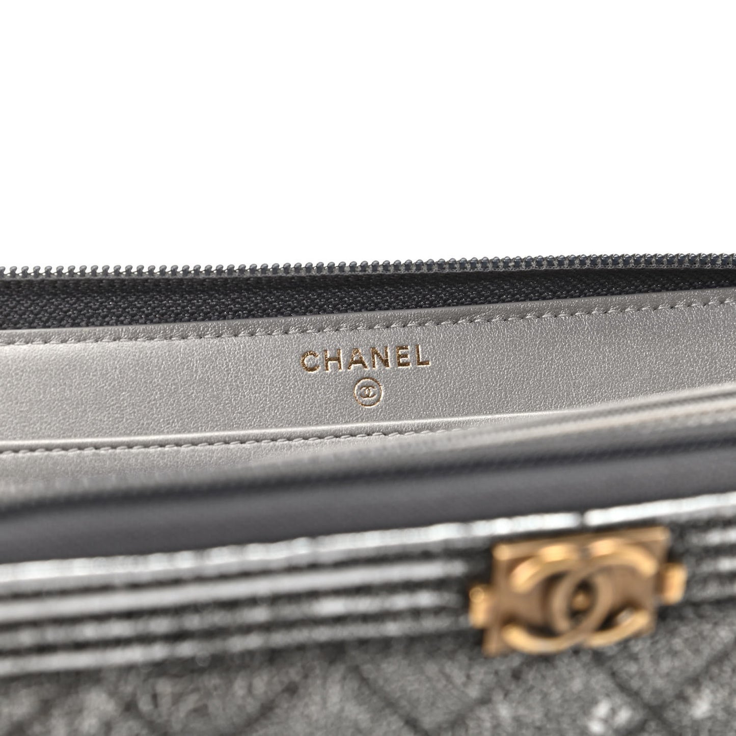 Cracked Metallic Calfskin Quilted Boy Long Zip Around Wallet Dark Silver