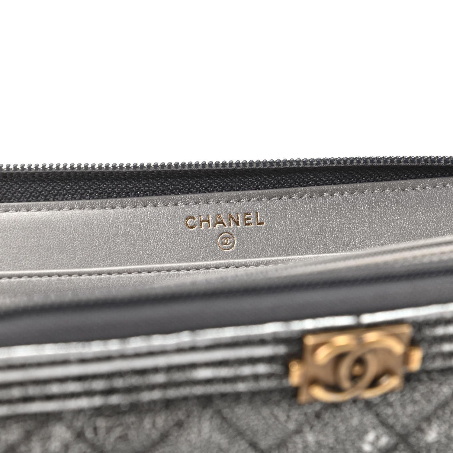 Chanel Cracked Metallic Calfskin Quilted Boy Long Zip Around Wallet Dark Silver 5 of 9