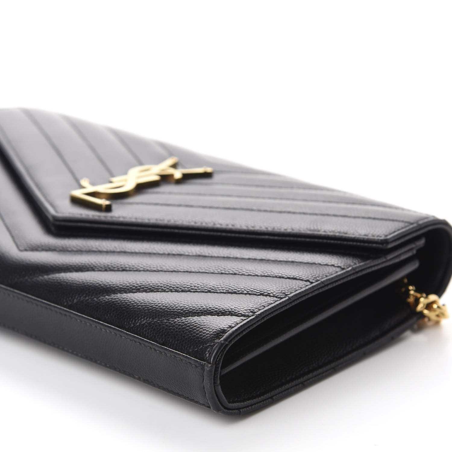 Saint Laurent Grain De Poudre Matelasse Chevron Monogram Chain Wallet Black 7 of 12