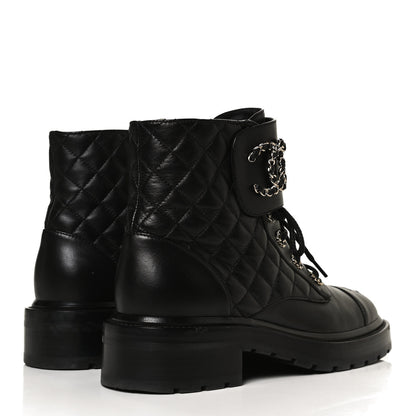 Chanel Shiny Lambskin Quilted Lace Up Combat Boots 38.5 Black 4 of 14