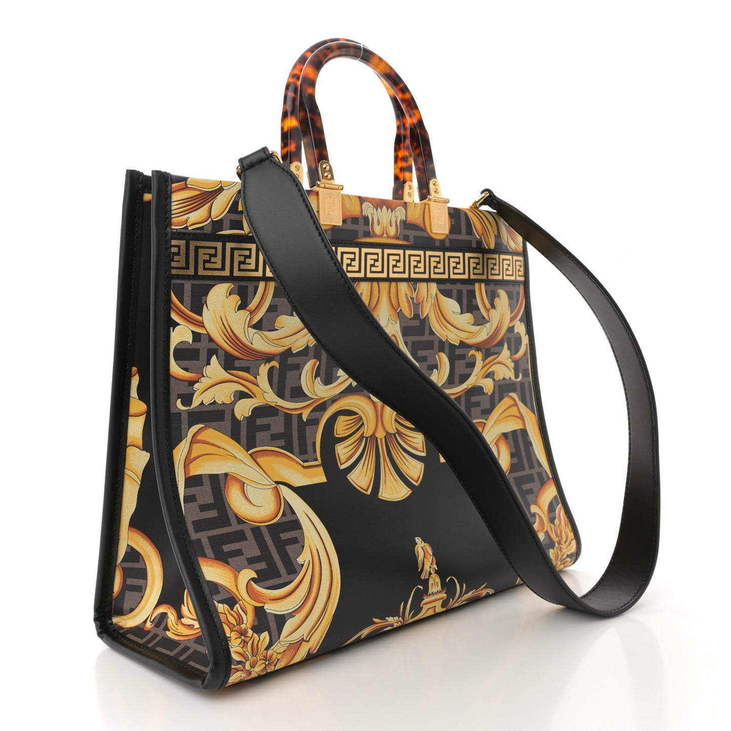 X VERSACE Calfskin Plexiglass Fendace FF Baroque Print Medium Fendi Sunshine Shopper Tote Black Gold