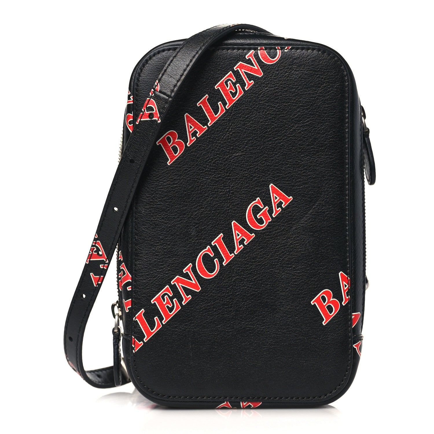 Balenciaga Calfskin Logo Print Cash Phone Holder Bag Black Red 1 of 9