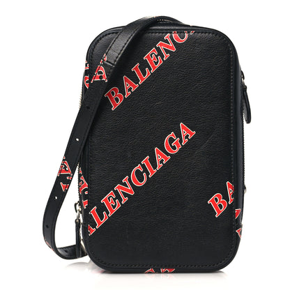 Balenciaga Calfskin Logo Print Cash Phone Holder Bag Black Red 1 of 9