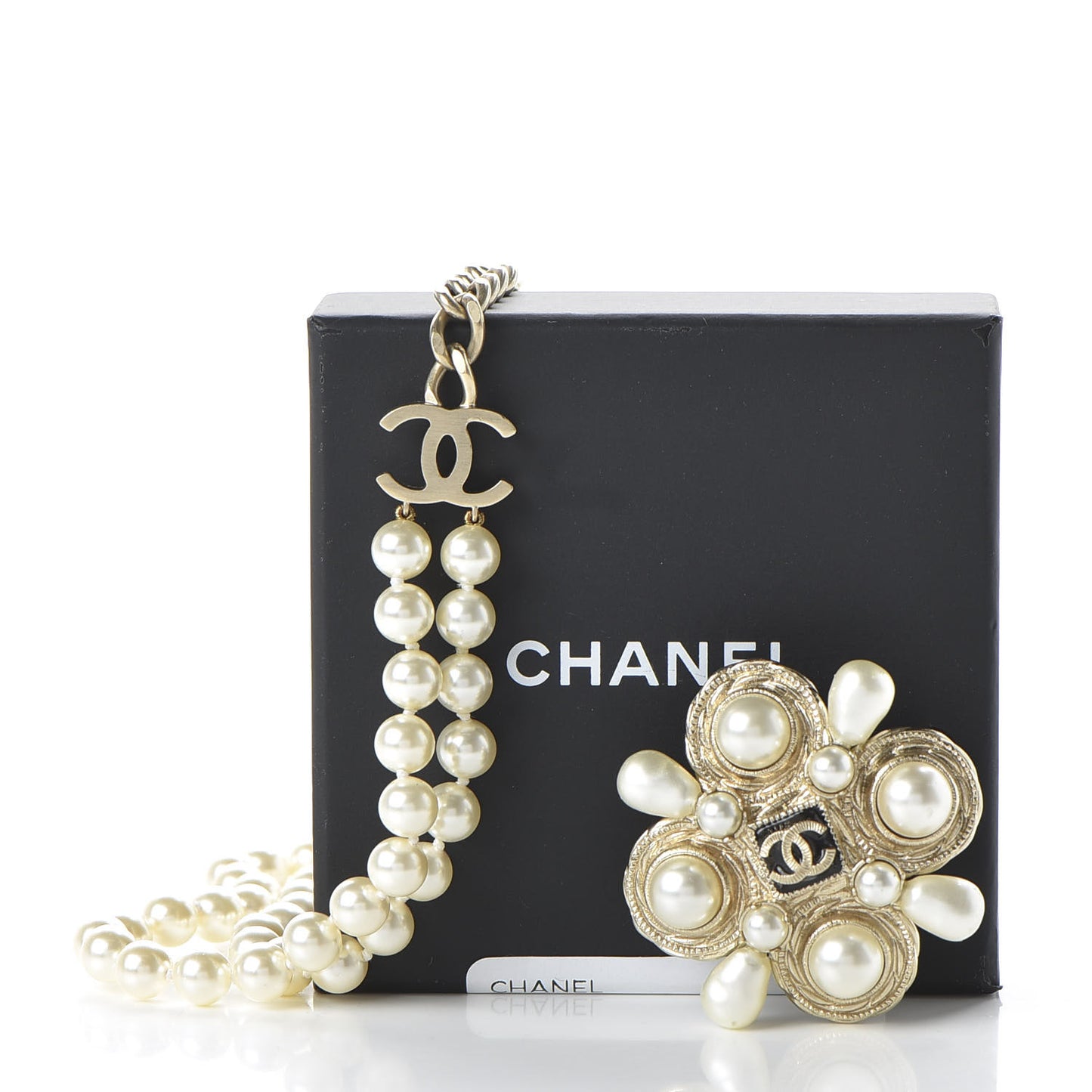 Pearl CC Double Strand Necklace Gold White