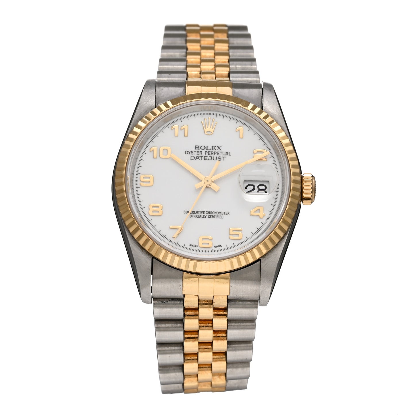 Stainless Steel 18K Yellow Gold 36mm Oyster Perpetual Datejust Watch White Arabic 16233