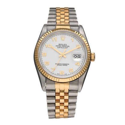 Rolex Stainless Steel 18K Yellow Gold 36mm Oyster Perpetual Datejust Watch White Arabic 16233 1 of 4
