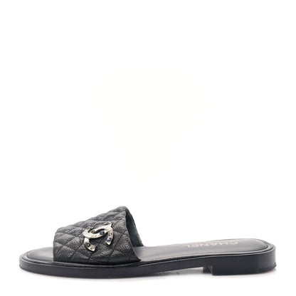 Chanel Shiny Goatskin Quilted CC Mules Sandals 39 Black 1 of 9