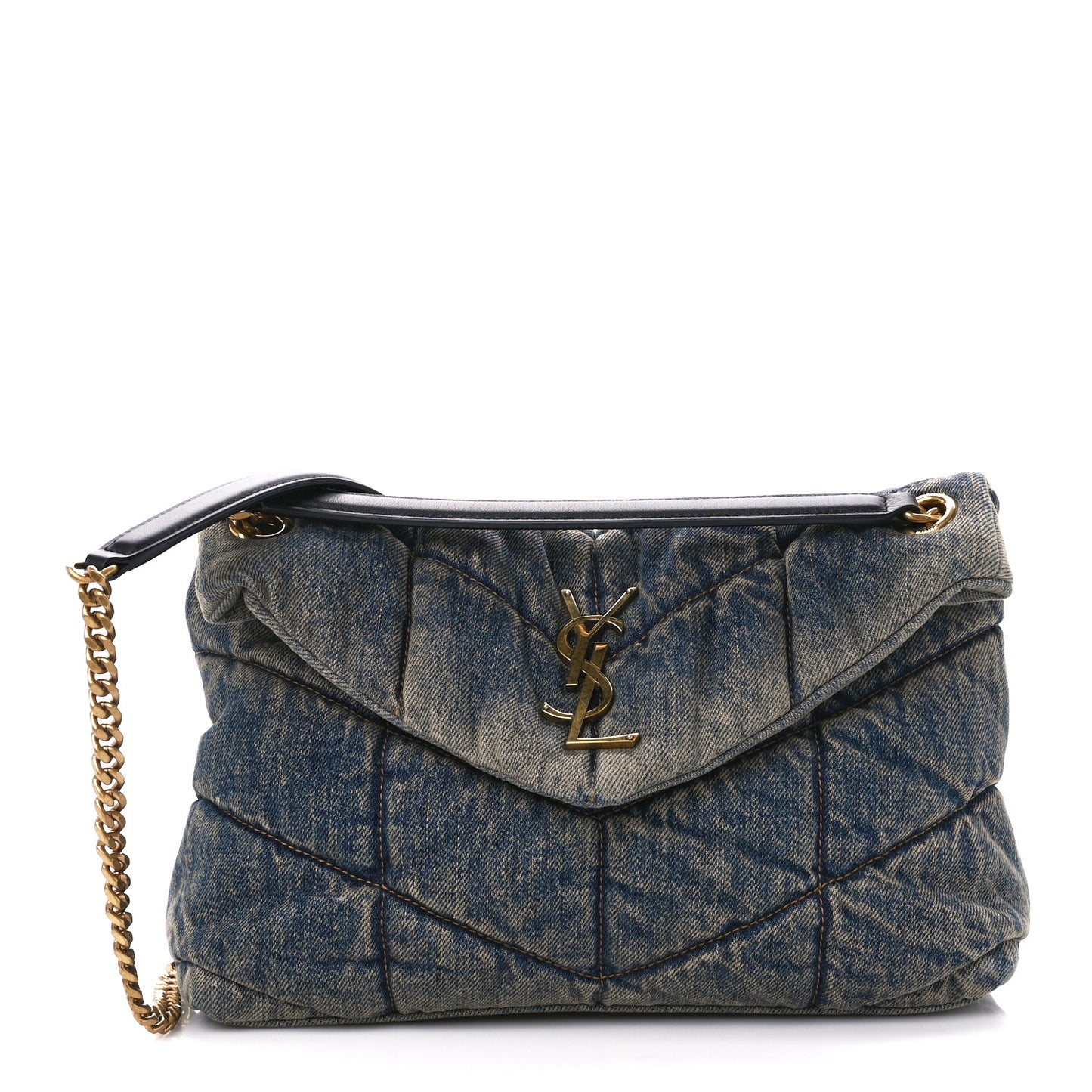 Denim Quilted Small Loulou Puffer Monogram Chain Satchel Rodeo Blue