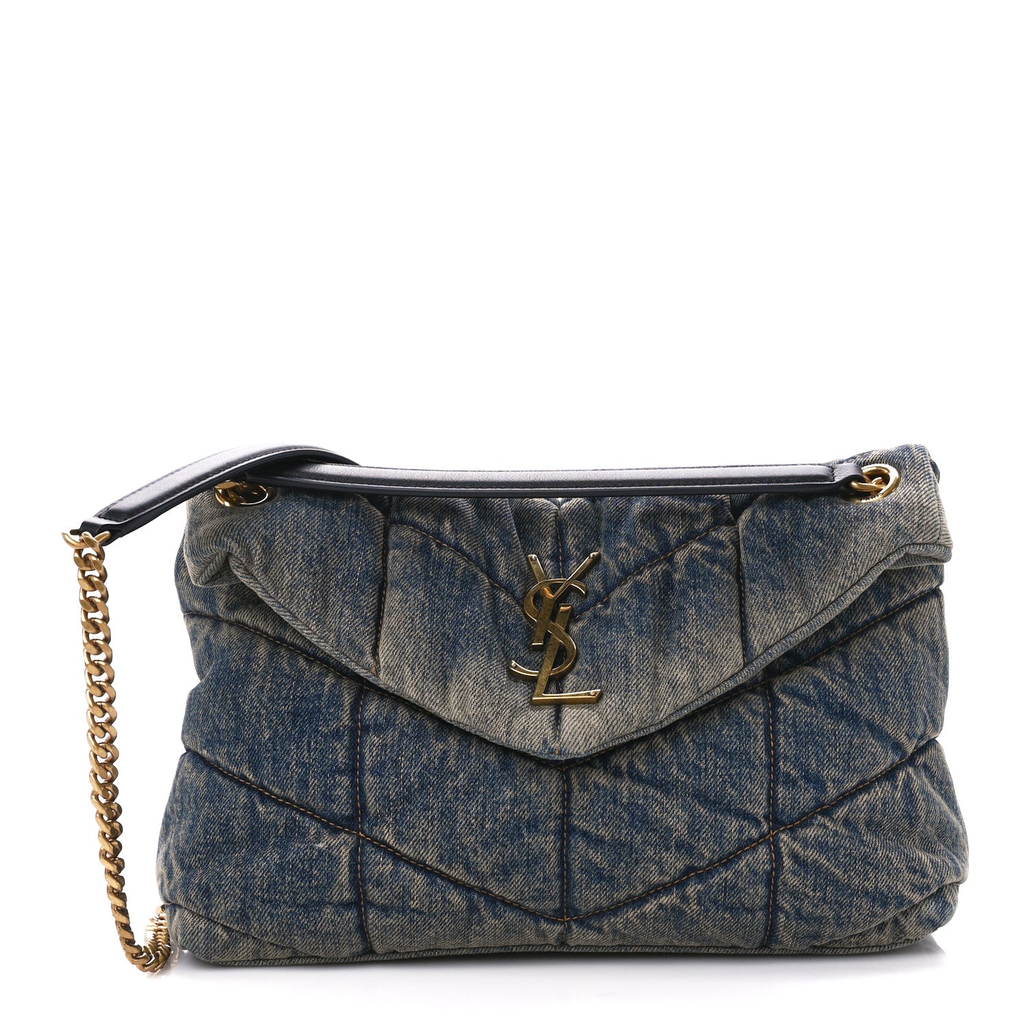 Saint Laurent Denim Quilted Small Loulou Puffer Monogram Chain Satchel Rodeo Blue 1 of 12