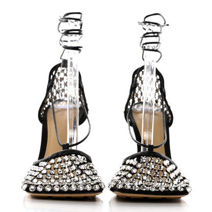 Bottega Veneta Mesh Nappa Crystal Embellished Sparkle Stretch Ankle Tie Sandals 39 Black 2 of 8