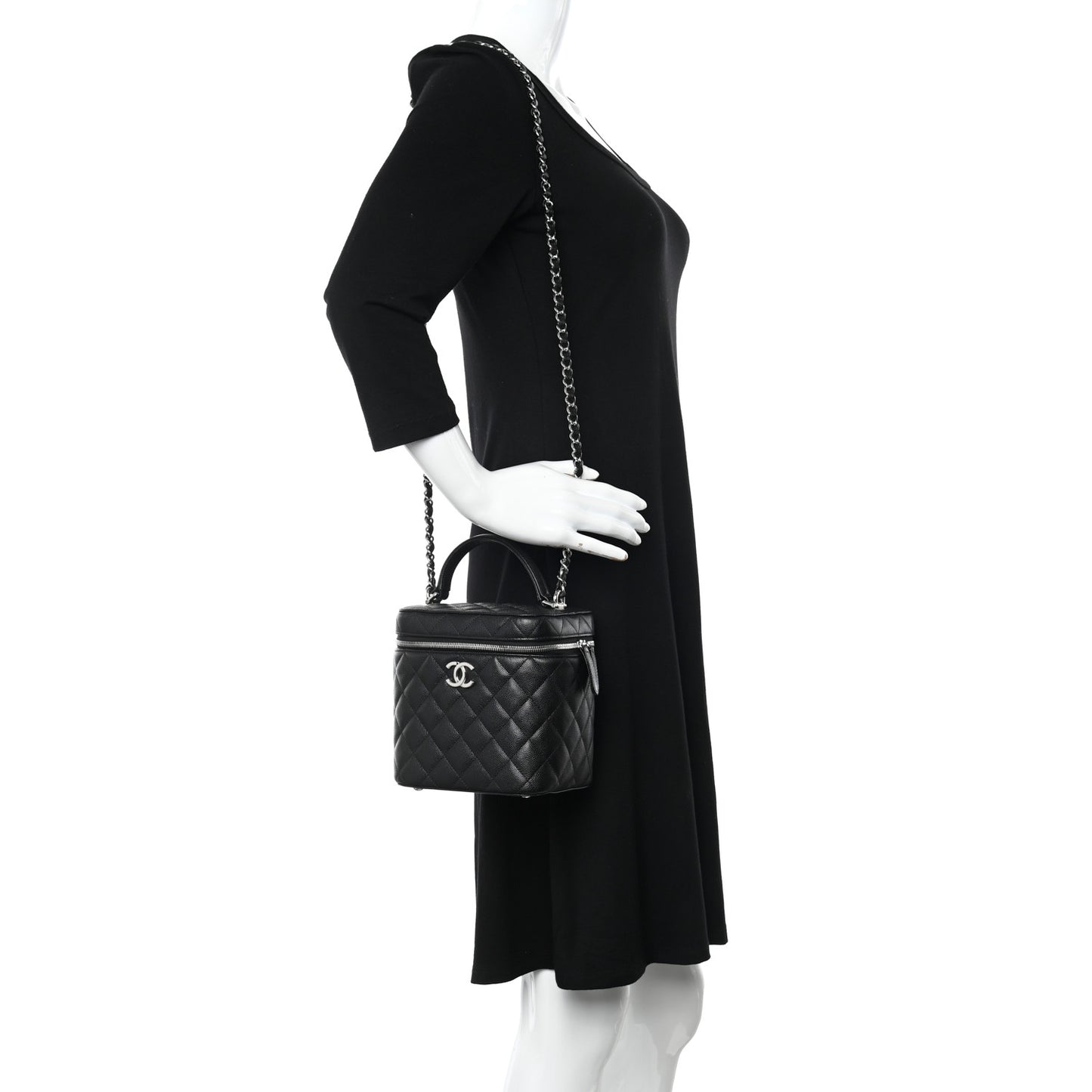 Caviar Quilted Small Top Handle Vanity Case With Chain Black