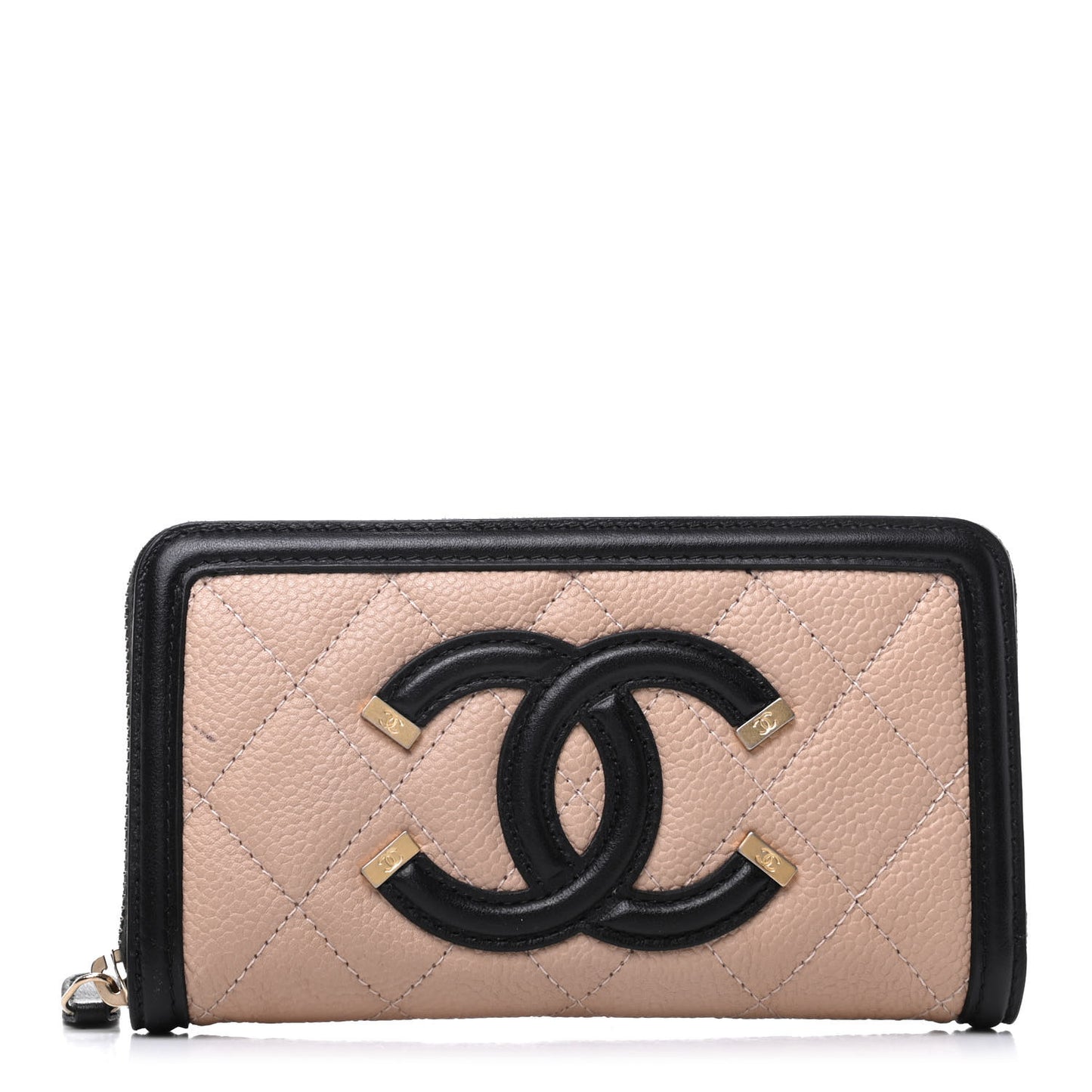 Caviar Quilted Small Filigree Zip Around Wallet Beige Black