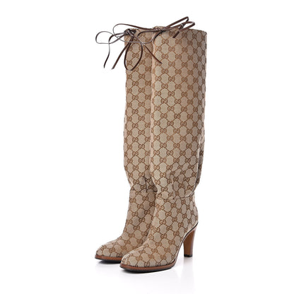 Gucci Monogram Lisa Mid Heel Boots 37.5 Beige Ebony 3 of 8