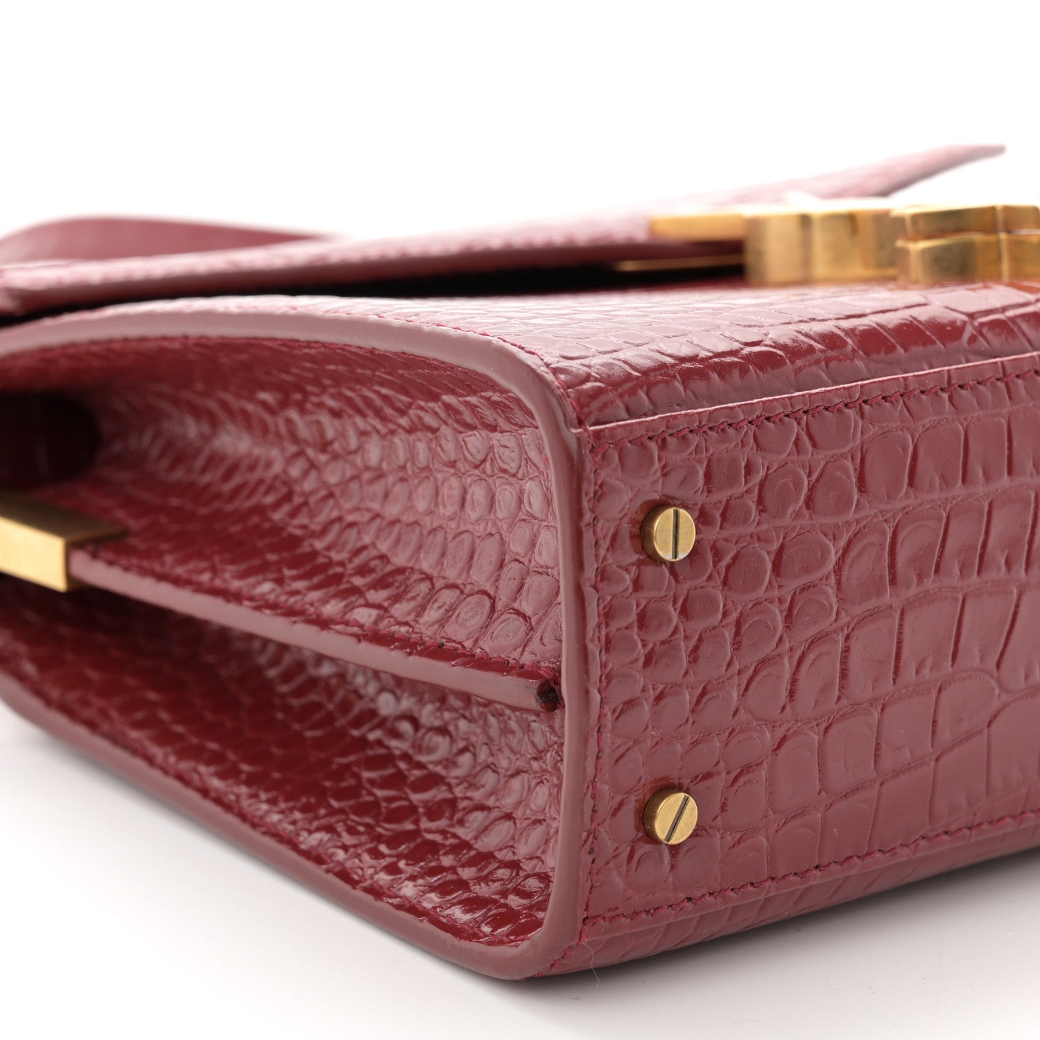 Saint Laurent Calfskin Crocodile Embossed Mini Classic Monogram Cassandra Top Handle Red 8 of 10