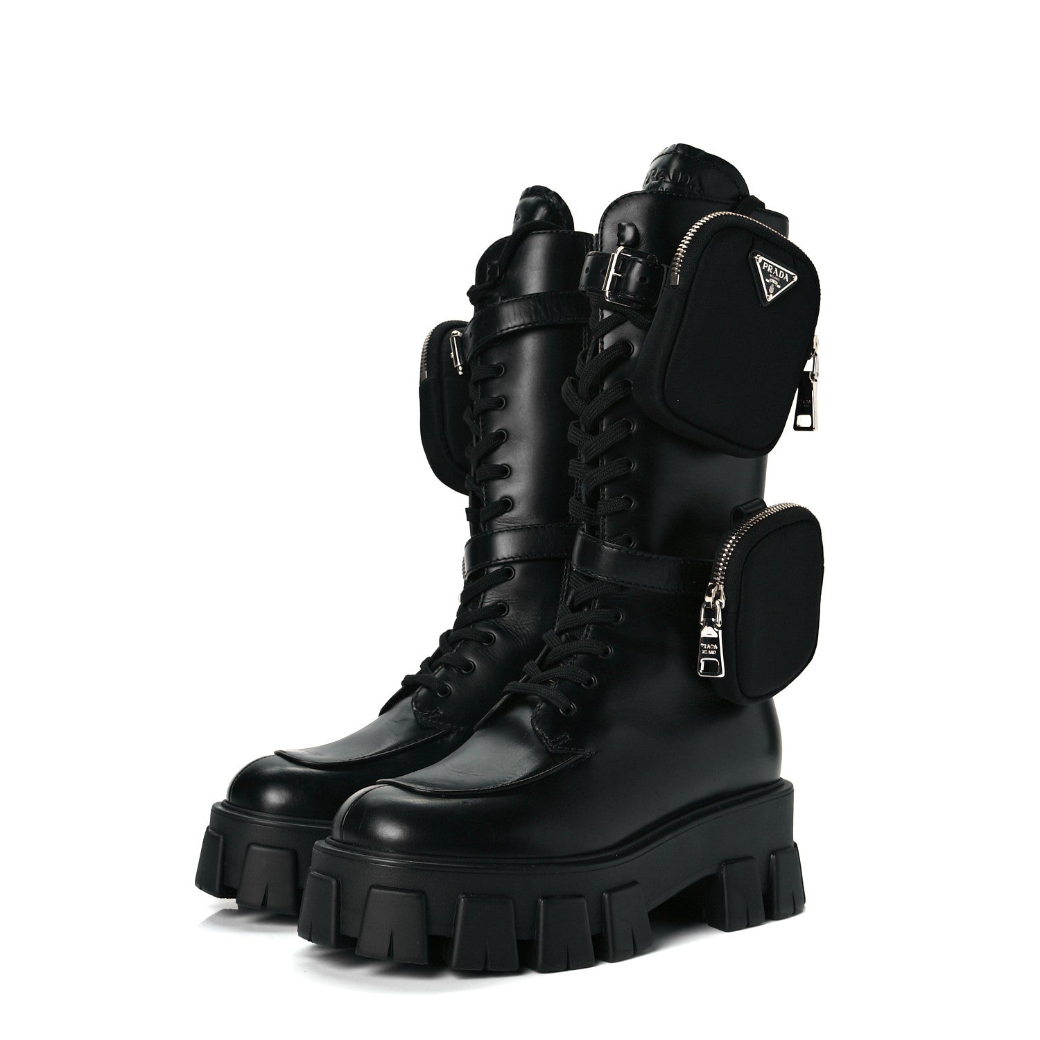 Prada Vitello Lux Nylon Metal Triangle Logo Monolith Pouch Pocket 55mm Tall Combat Boots 37 Black 2 of 7